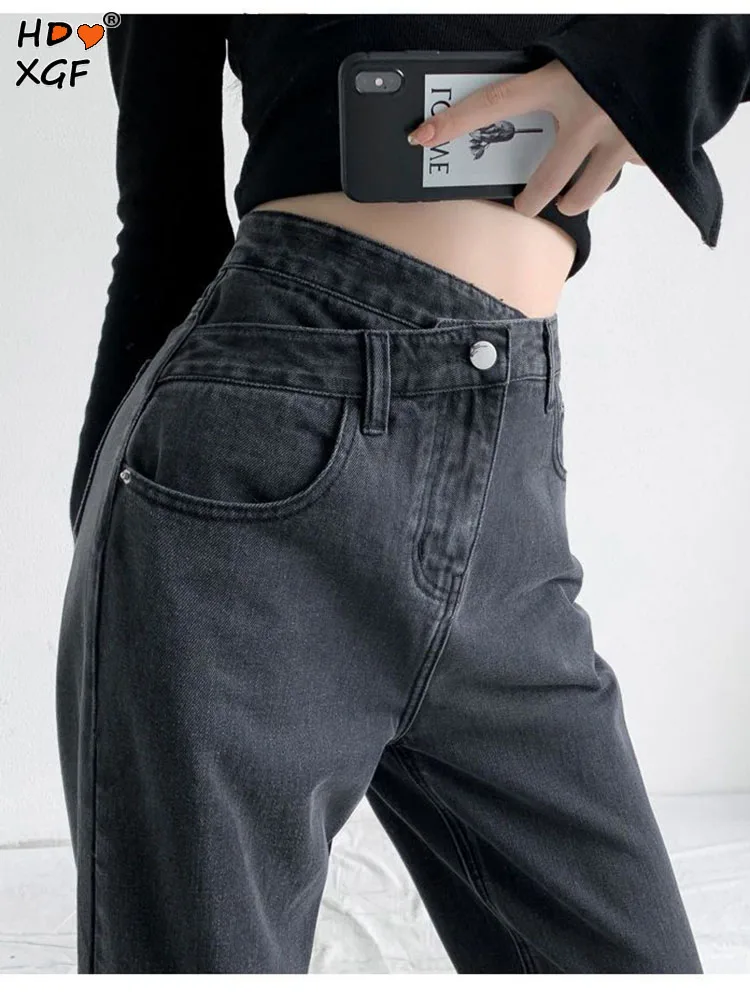 

Модные прямые джинсовые брюки на молнии с асимметричными краями и высокой талией, женская одежда, повседневные широкие брюки, уличная одежда, мешковатые джинсы Y2k