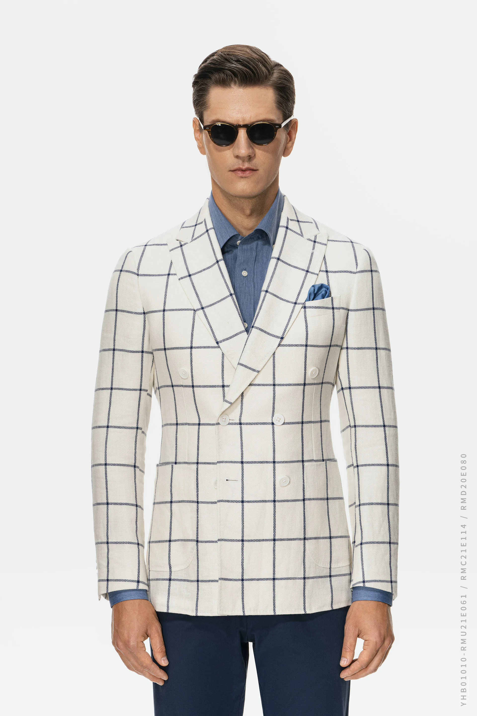 

Luxury Italian Material Made to Measure Men Jacket Bespoke Leisure Blazer Linen Off White Plaid Wool Blended Fabric Cool Summer