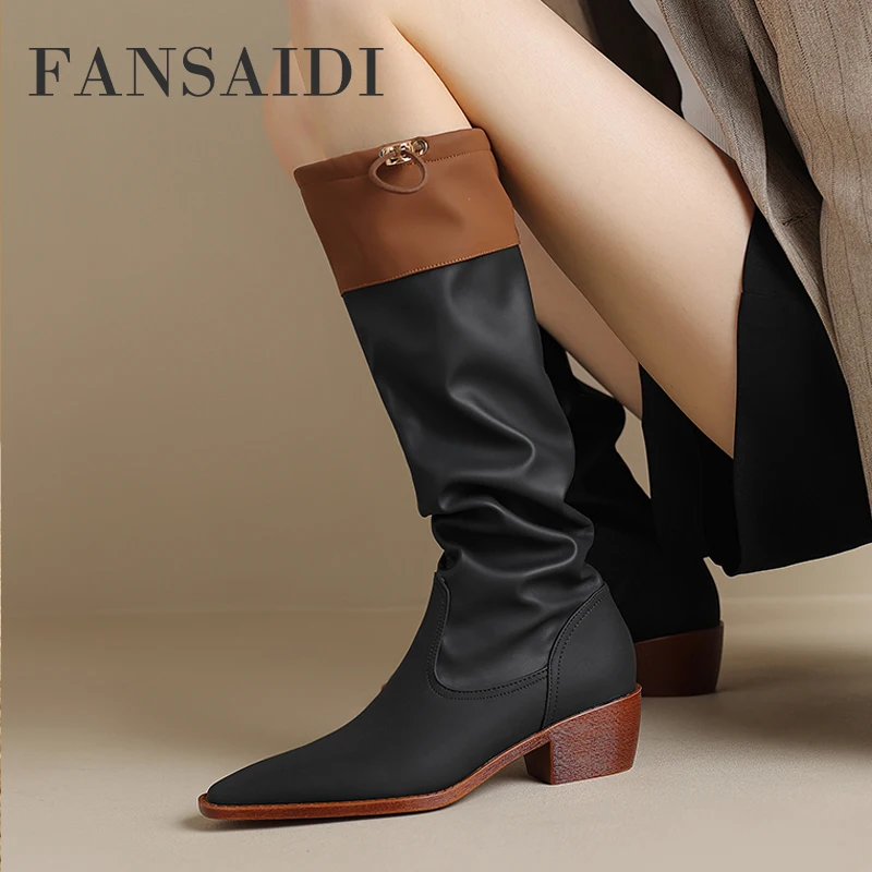 

FANSAIDI 2023 Fashion Winter 4.5CM Flats Flats Genuine Leather Ladies Pointed Toe Knee High Boots Female Boots New Big Size 40
