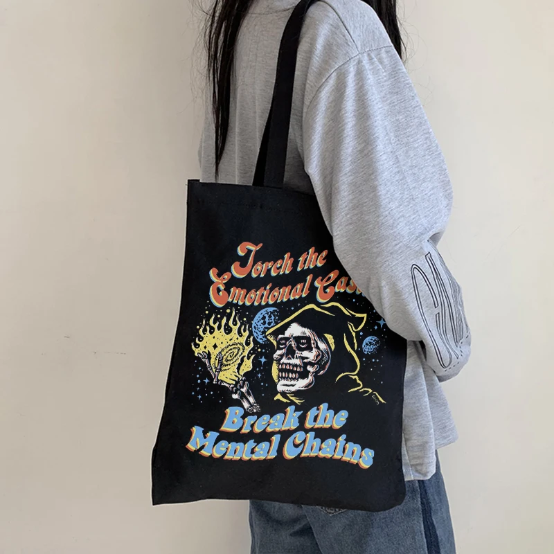 Холщовая Сумка с принтом черепа в готическом стиле повседневный винтажный тоут