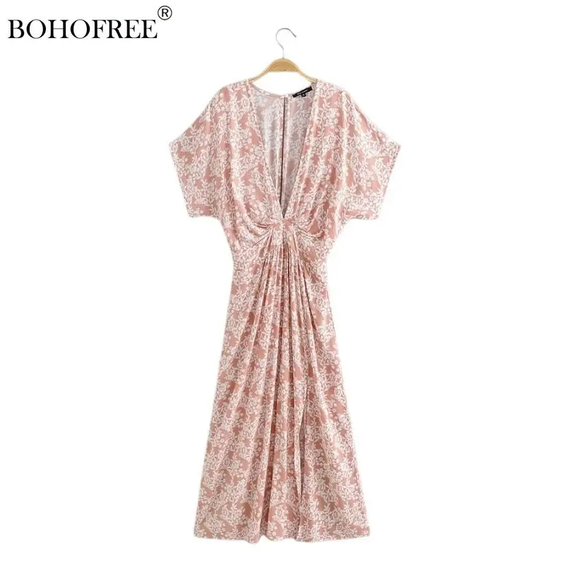 

Boho Robe Pink Floral Print Caftan Rayon Cotton Dress Summer Wear Resort Beach Vestidos V Neck Short Sleeve Bohemian Vestidos