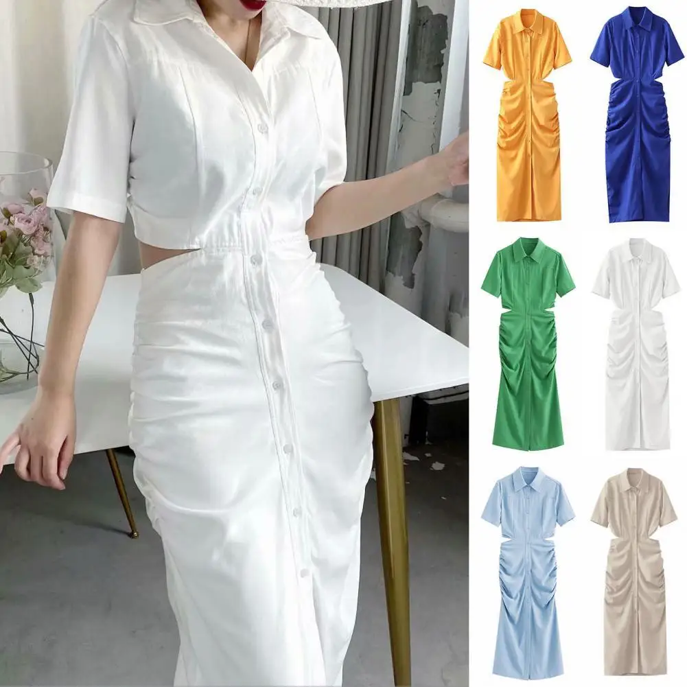 

Turn-Down Collar Short Sleeve Midi Dress Single Breasted Waist Cut Out Ruched Shirt Dress Ladies Clothing