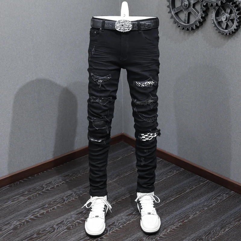 

High Street Fashion Men Jeans Black Stretch Elastic Skinny Fit Ripped Jeans Men Plaid Patch Designer Hip Hop Brand Pants Hombre