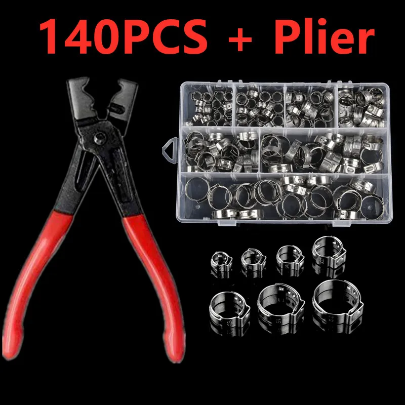 

140PCS 304 Stainless Steel Single Ear Stepless Hose Clamps Clamp Assortment Kit Crimp Pinch Rings for Securing Pipe Hoses