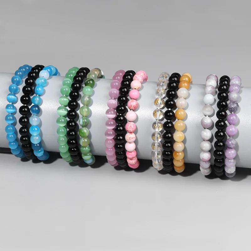 3pcs Beaded Bracelet 8mm Black Onyx Rhodonite Cat Eye Stone Beads Bracelets Set for Women Men Elastic Energy Jewelry - купить по