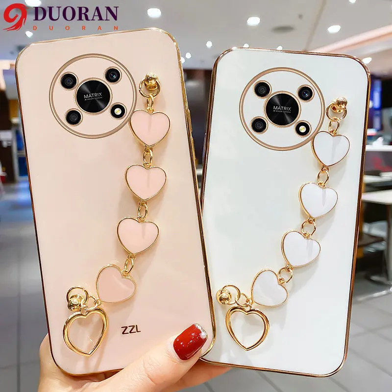 

Luxury Plating Heart Wrist Chain Silicone Case For HUAWEI P50 P40 P20 P30 Lite Honor 50 60 Nova 9 SE Mate 10 20 30 40 Pro Cover