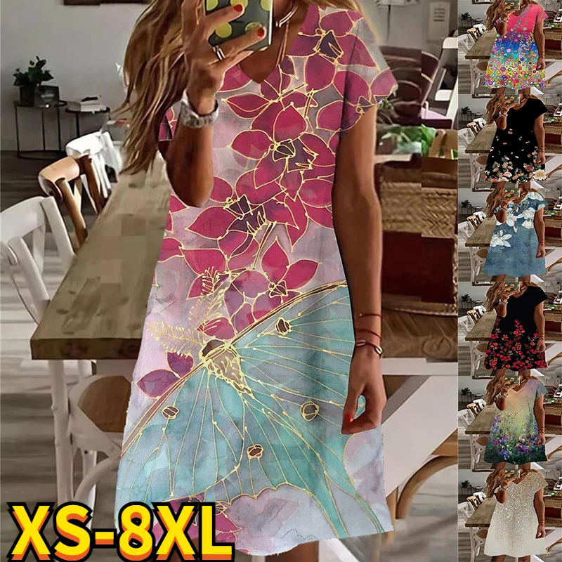 

2022 Summer Women's Floral Theme Printed Painting Dresses V Neck Short Sleeves New Dress Knee Length Loosen Basic Female Dress