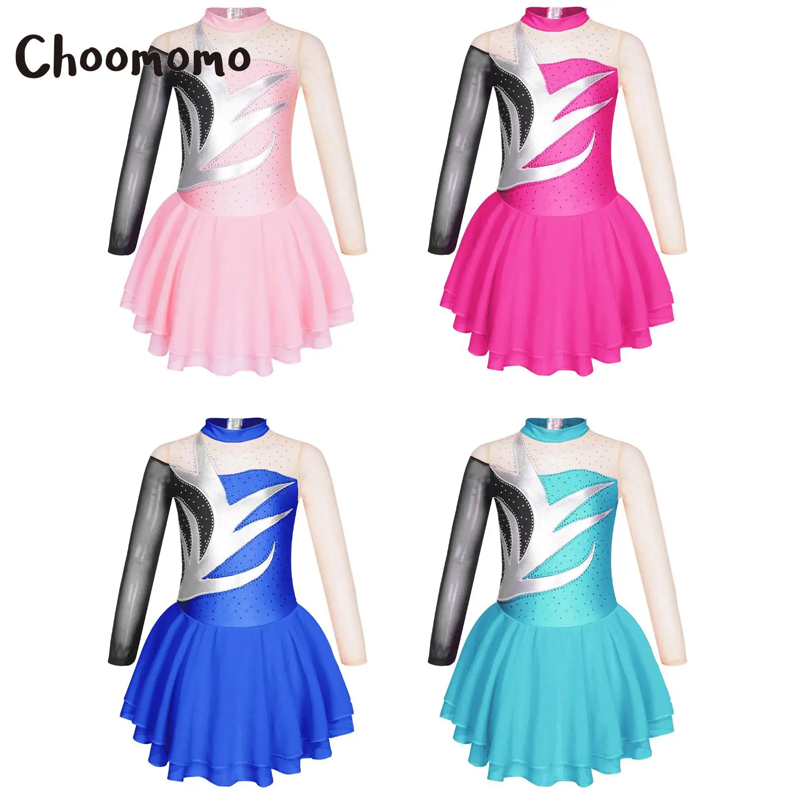 

Choomomo Kids Girls 6-16 Long Sleeve Round Collar Skating Dance Dress with Hollow Back Shiny Rhinestones Decor Patchwork Dresses