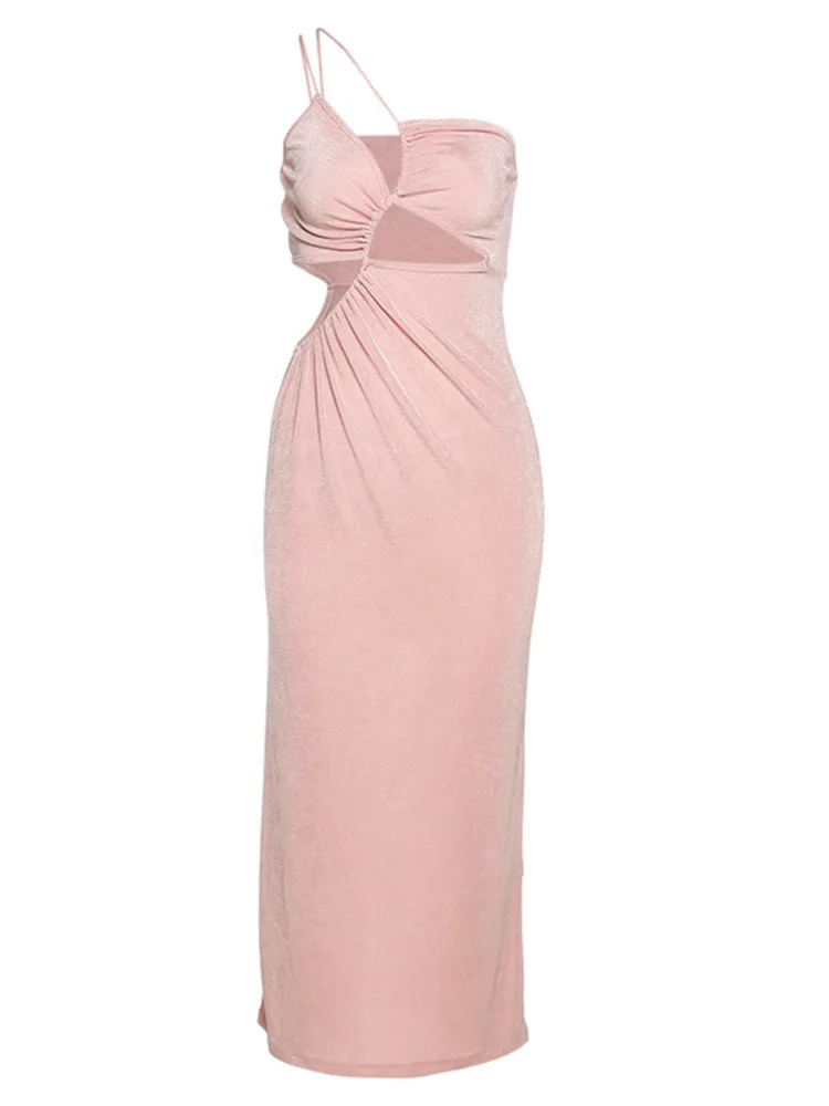 

Fashion One Shoulder Hollow Out Elegant Midi Dress Women 2022 Summer Sexy Bodycon Backless Party Dresses Female Clothes