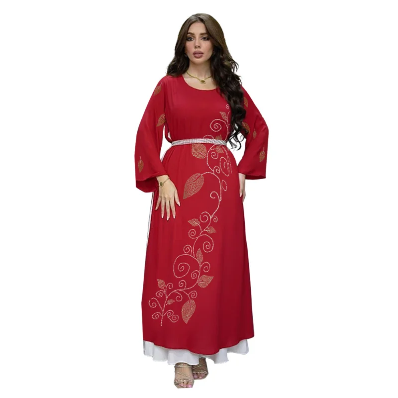 2023 Summer Spring Fashion Style Muslim Women Long Sleeve O-neck Red Polyester Long Abaya Muslim Dress Abaya Dubai