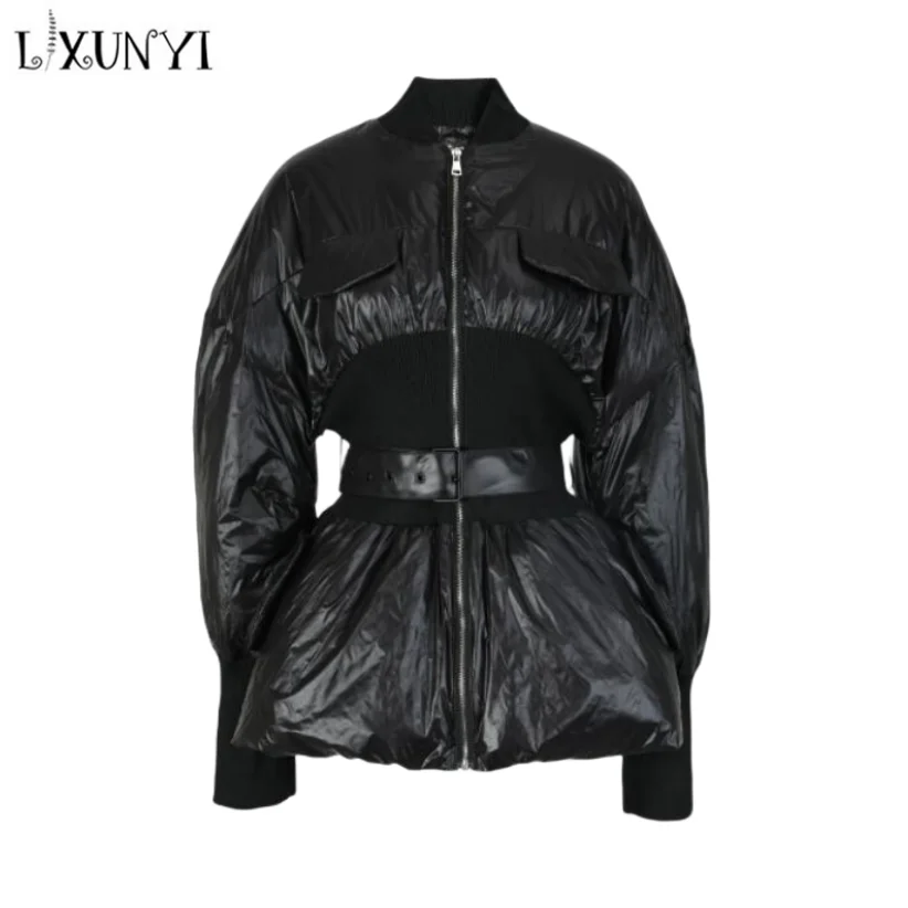 LXUNYI  Autumn Winter Women's Bomber Jacket Stand Collar Belt Slim Long Sleeve Zipper Patchwork Down Coats Fashion New Outerwear