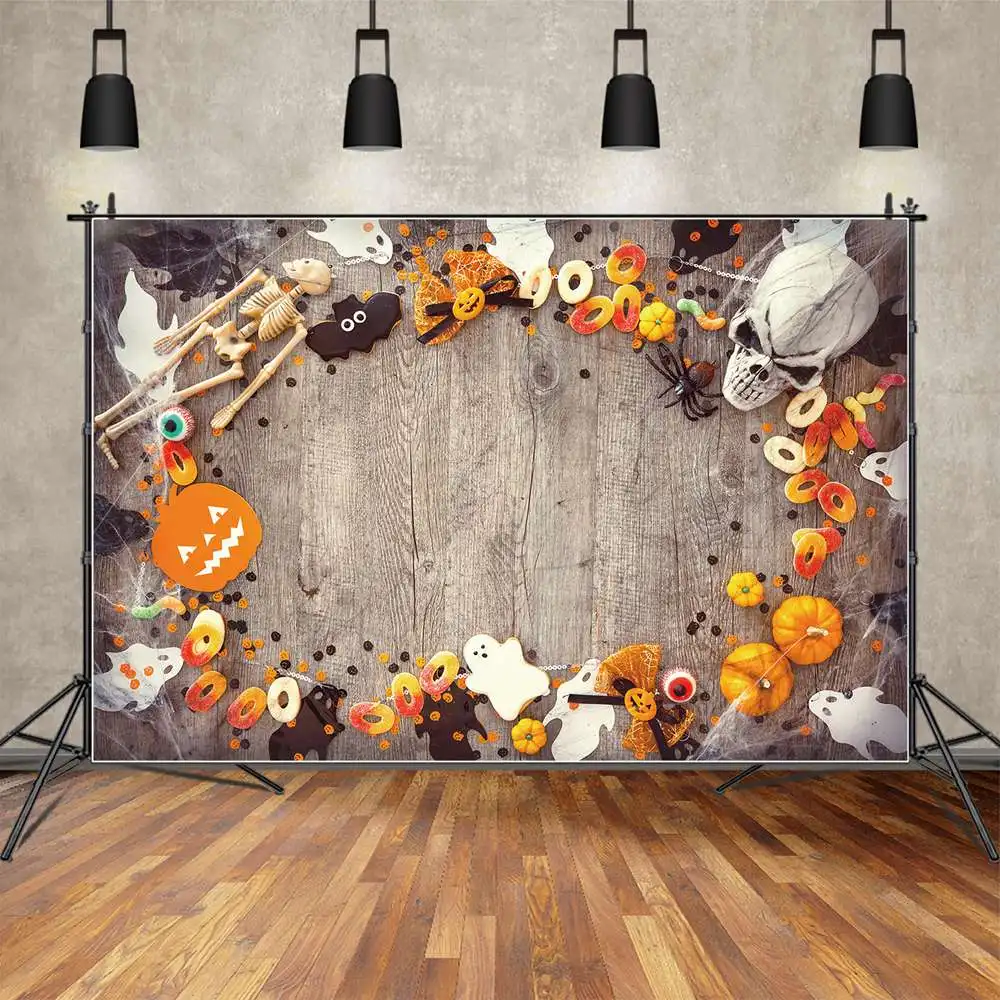 

MOON.QG Backdrop Halloween Wood Board Decor Background Baby Party Photo Booth Cookie Skeleton Ghost Bat Spider Web Pumpkin Props