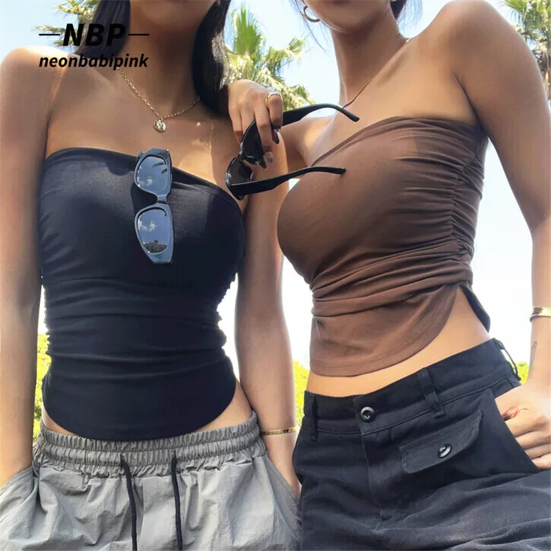 

Сексуальный Повседневный Топ-труба NEONBABIPINK Y2k, женская одежда 2022, Модный летний укороченный топ с открытой спиной, черный, коричневый цвет