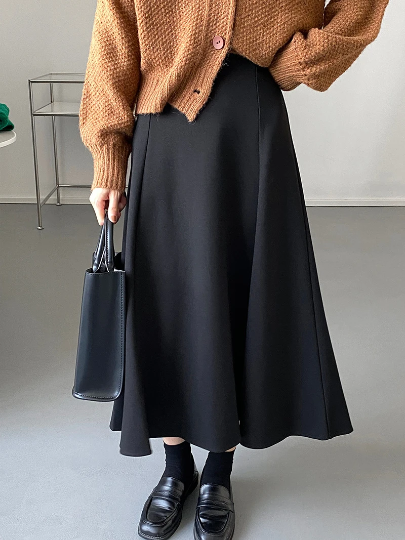 

Autumn Winter Fashion Sweet Elegant Plain High Waist Midi Skirts Women Vintage A-line Long Skirt Ladies Casual Umbrella Skirt