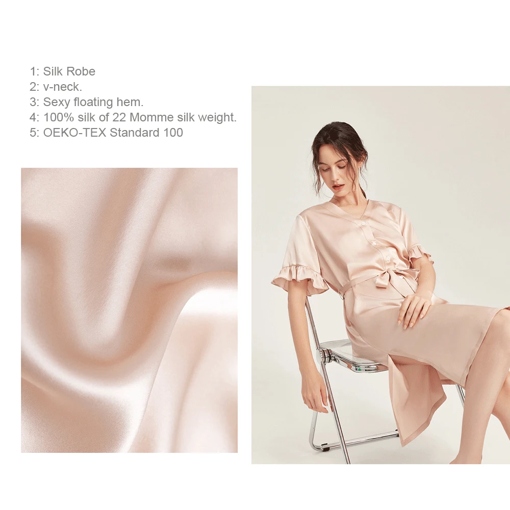 LiliRoms Spring Noble 22 Momme 100% Silk Robe Tied Dress Nightgown Mid Sleeve Button Ribbon Femme Sleepwear Elegant Clothing