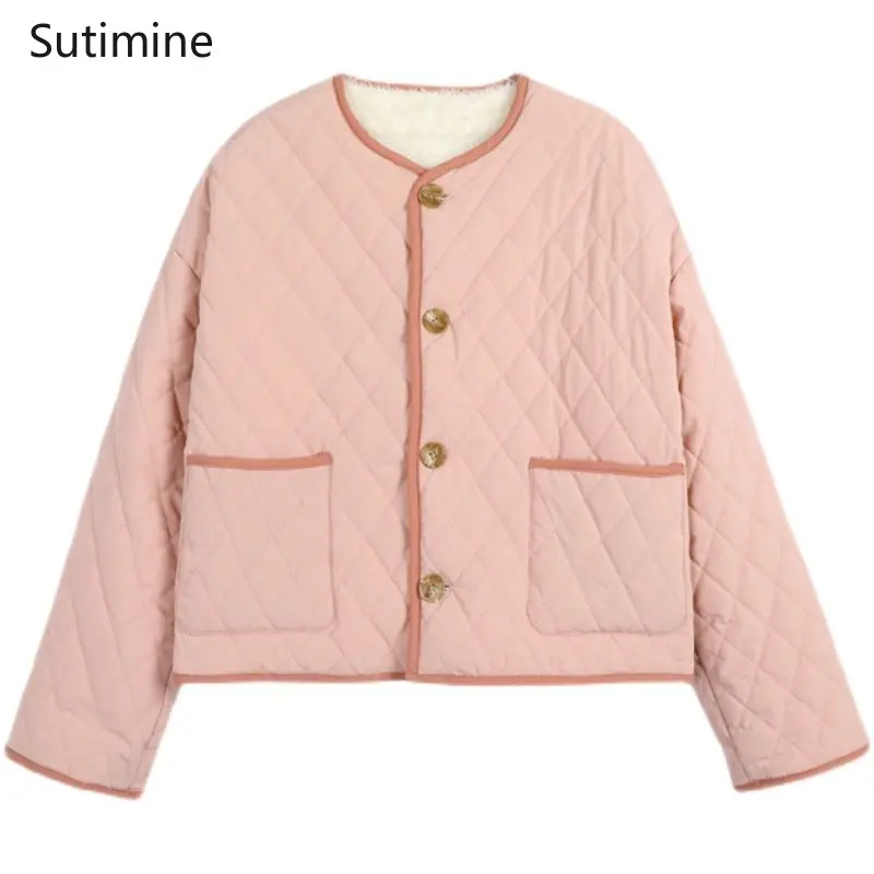 Autumn and Winter Coat Women Sweet Button Pockets Collarless Loose Soft Cotton Lamb Coat Wide-waisted  Winter Coat Women