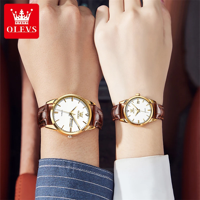 OLEVS Couples Watch Fashion Casual Automatic Mechanical Watches Top Brand Luxury Leather Wristwatches for Men Women Clock