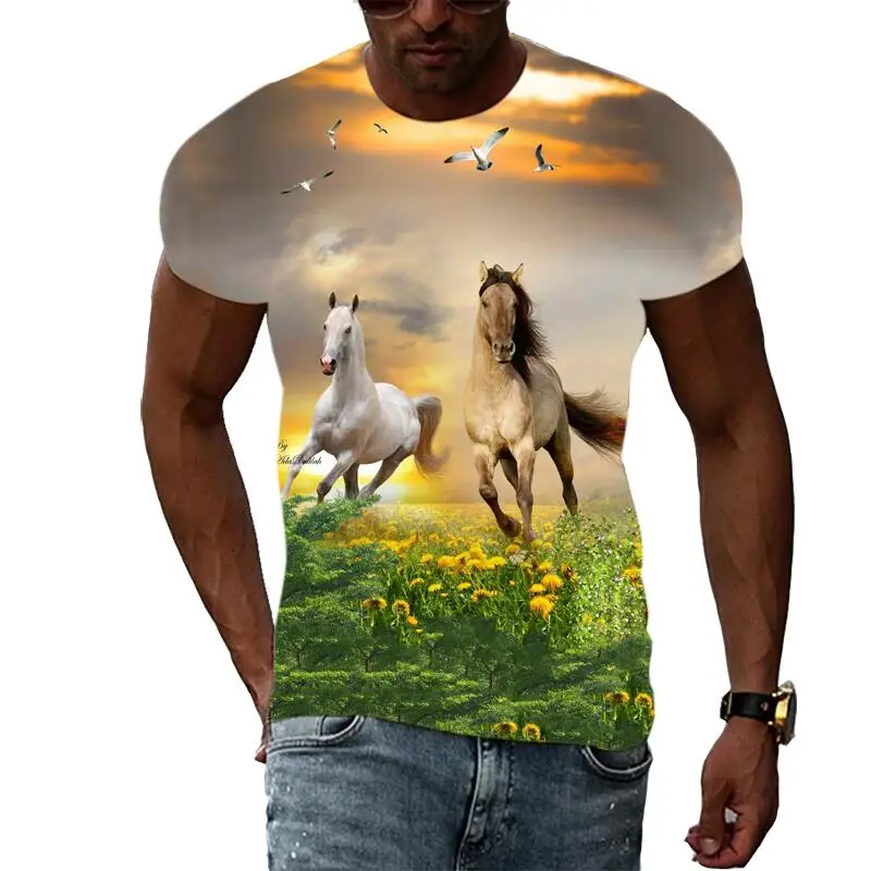 

Summer Fashion Graphic Animal Horse T Shirts For Men Casual 3D Print Tee Hip Hop Harajuku Personality Round Neck Short Sleeve