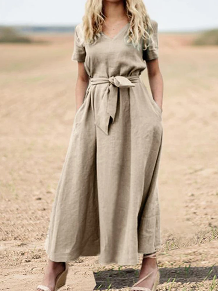 

Casual Short Sleeve Office Lady Lace-Up Dress Vintage V Neck Long Dress Summer Mujer Elegant Women Solid Cotton Linen Dress