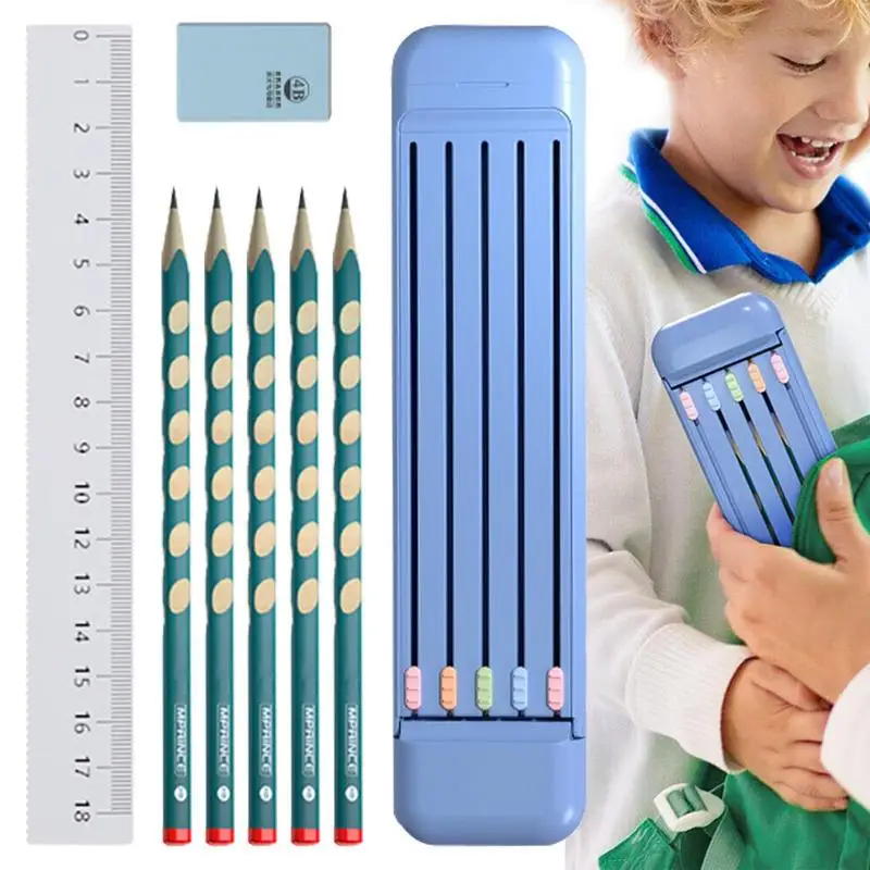 Case School Small Compact Hard Shell Tip Anti-break Stationery Organizer Protective Storage 1 Eraser 5 Pencils 1 Ruler