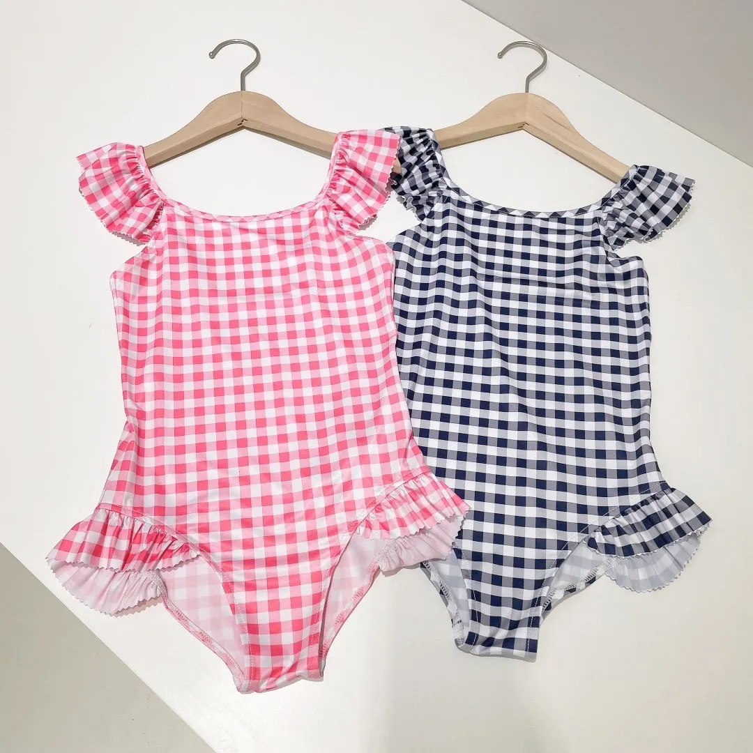 

3-12 Years Old Girls' Plaid One Piece Swimsuit Cute Lace Girls Triangle Swimsuit