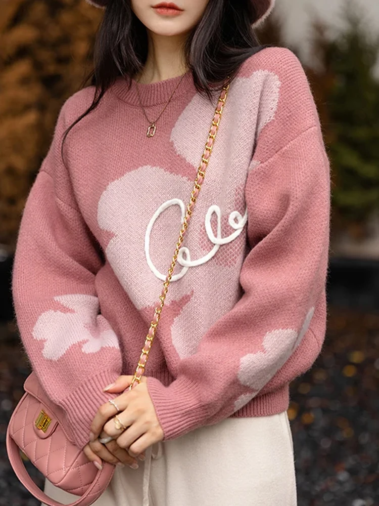 

Sweet Knitted Sweater Women Autumn Winter Warm Pullover Female Elegant Fashion Floral Print Jumper Ladies Chic Loose Sweaters