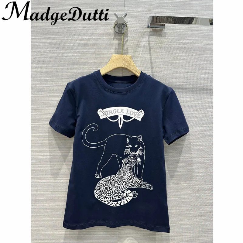 

12.5 MadgeDutti High End Luxury Letter Animal Print O-Neck Sleeve Short Sleeve Cotton T-Shirt Women
