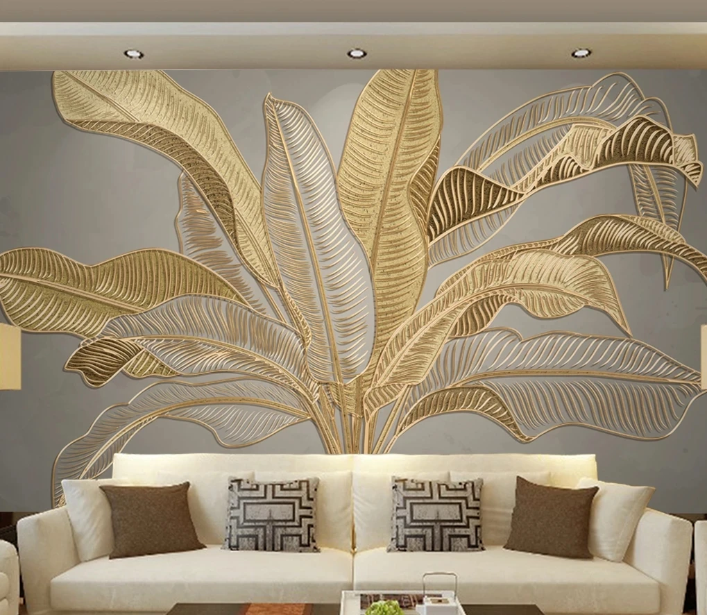 Papel tapiz De hoja De plátano para decoración del hogar, Mural De Papel De pared 3D personalizado De lujo ligero, línea dorada, para sala De estar