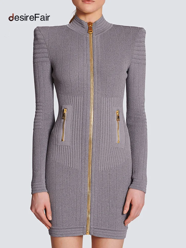 

HiIssey Miyake Fashion Design Women Autumn Commuter Style Slim Zipper Long-Sleeved Package Hip Knitted Long-Sleeved Dresses