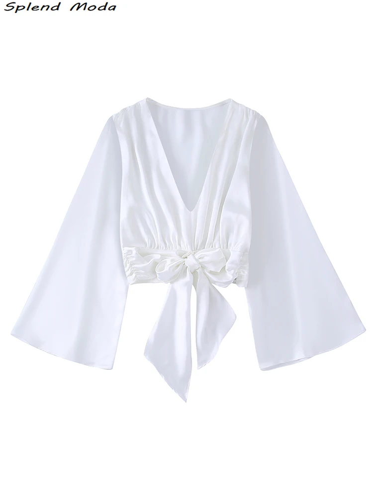 

ZA 2022 Women Fashion Summer Young Style Solid Short Blouses Casual Bow Tie V-Neck Long Sleeve Shirts Chic Tops