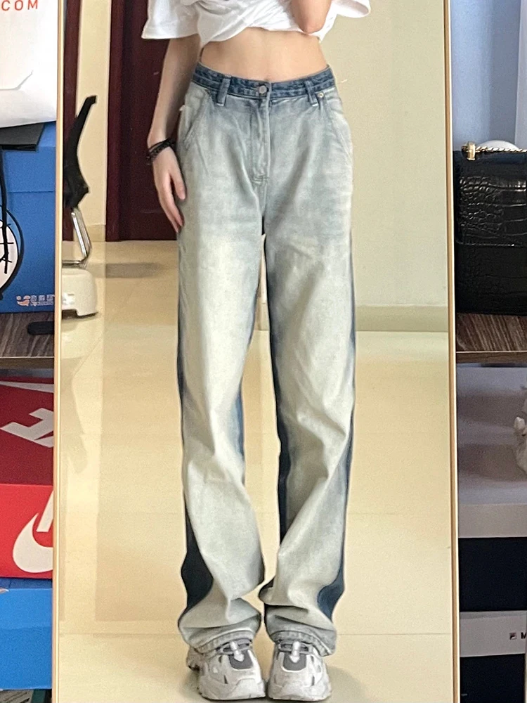 

Women's Jeans Blue Gradient High Waist Casual Fashion Vintage Straight Wide Leg Pants Baggy Plus Size Denim Trouser Ladies