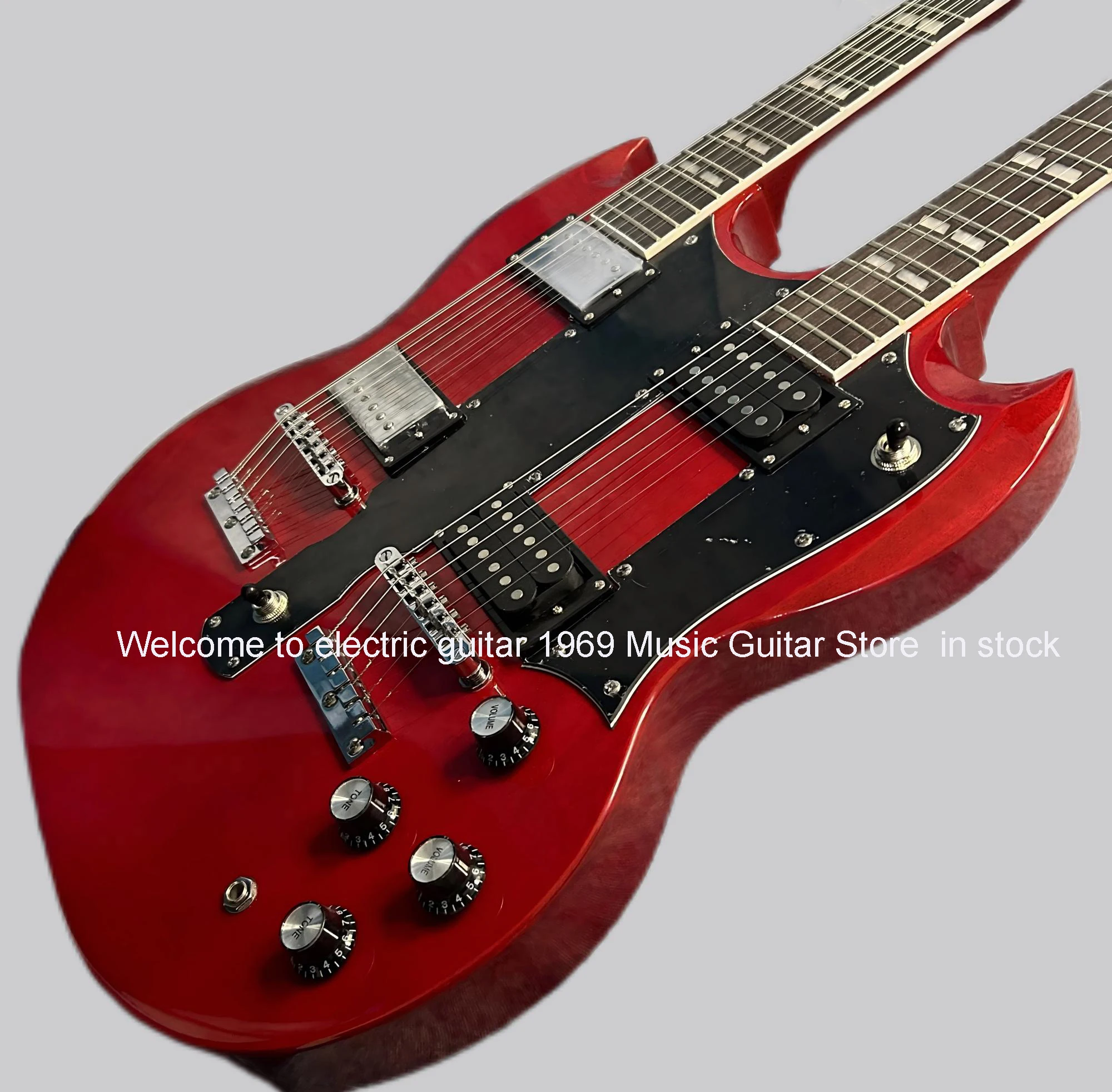 Прозрачная красная электрогитара с двойной головкой 12 струн + 6 корпус из
