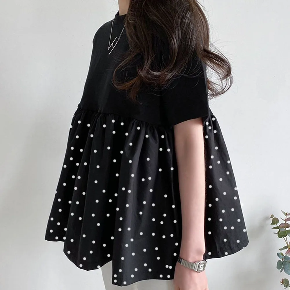 

Women's T-shirt Patchwork Round Neck Polka Dot Sweet Loose Short Sleeve Fashion Gentle Top Summer Japan Korean 2022 Office Lady