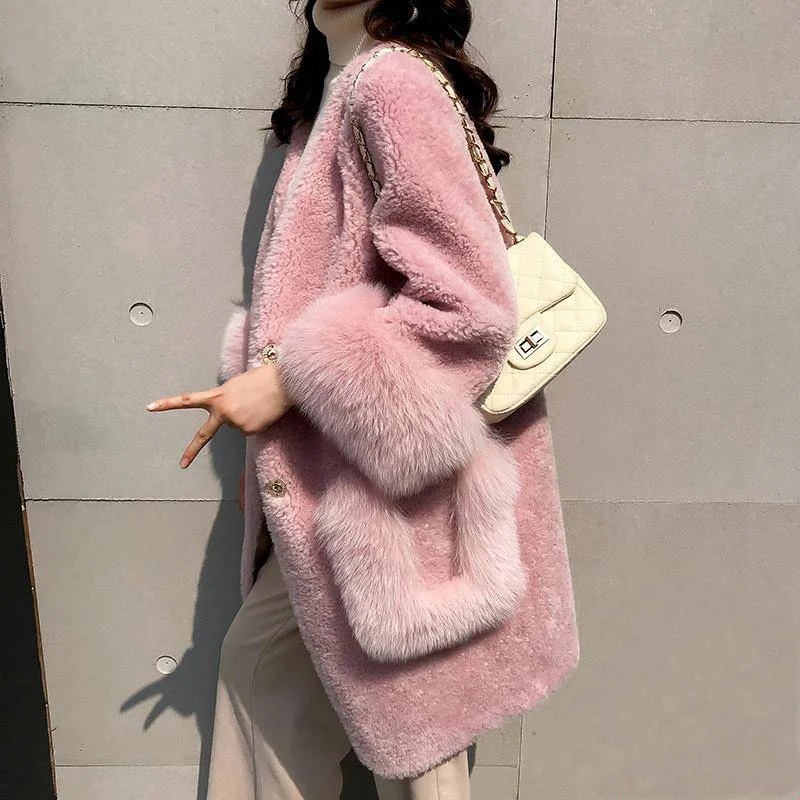 Ladies Fashion Artificial Coat Imitation Mink Fur Trench Cardigan Temperament Pocket Single-breasted Fox Fur Coat Wool Furry Top