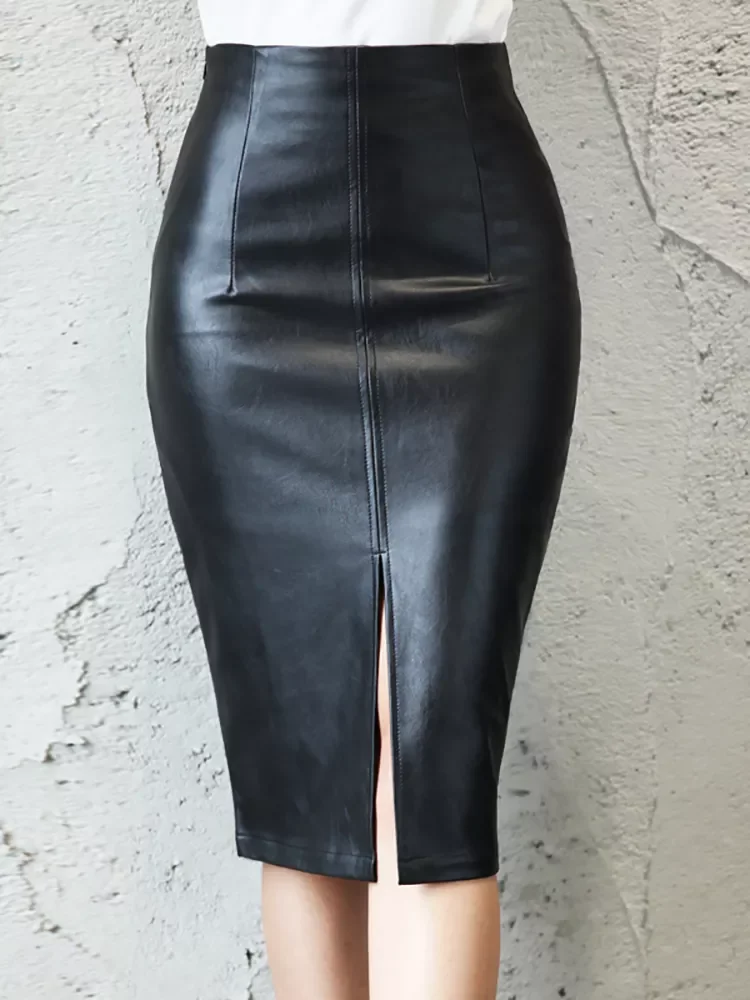 

Aachoae Black PU Leather Skirt Women 2022 New Midi Sexy High Waist Bodycon Split Skirt Office Pencil Skirt Knee Length
