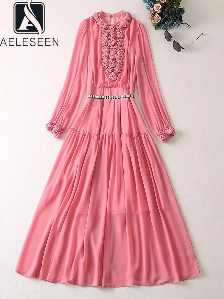 

AELESEEN Fashion Designer Pink Dress Women Spring Summer Full Sleeve 3D Appliques Rose Elegant Beading Long Party Vacation