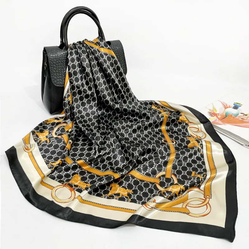 Роскошный брендовый черный золотистый шелковый шарф Женская Съемная хиджаб