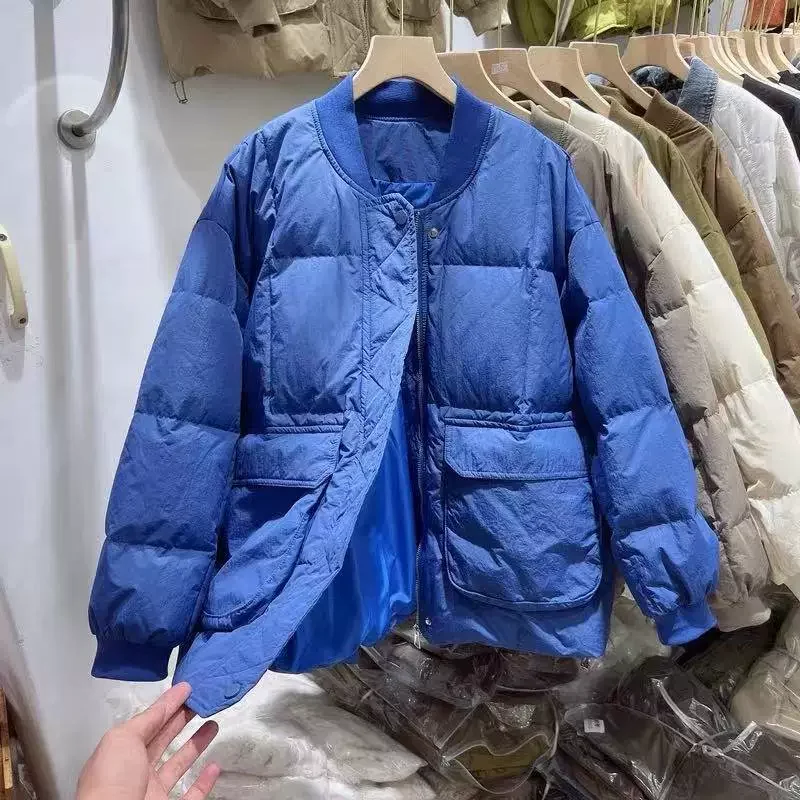 Polychrome 2023 New Big Pocket Short Down Jacket Coat, Women's White Duck Down Baseball Uniform Casual Coat