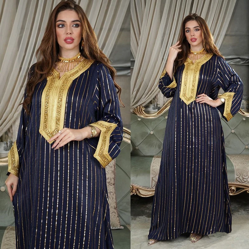 Women Embroidered Moroccan Caftan Evening Dresses Diamonds Bronzing Dubai 2022 Arabic Long Jalabiya Muslim Islamic Turkish Abaya