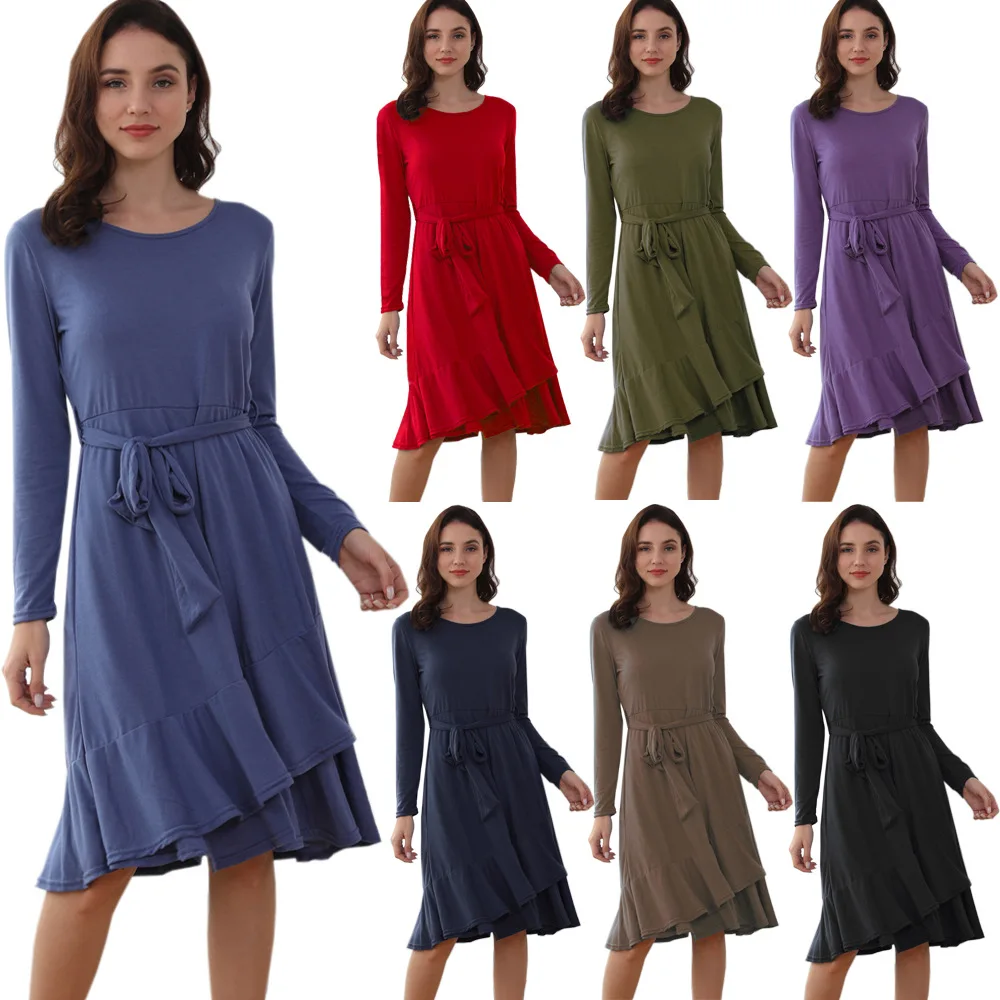 

Spring Autumn Women's Solid Color Lace-Up Dress New Round Neck Long Sleeve Ruffle Hem Bandage Dresses Vestidos De Mujer