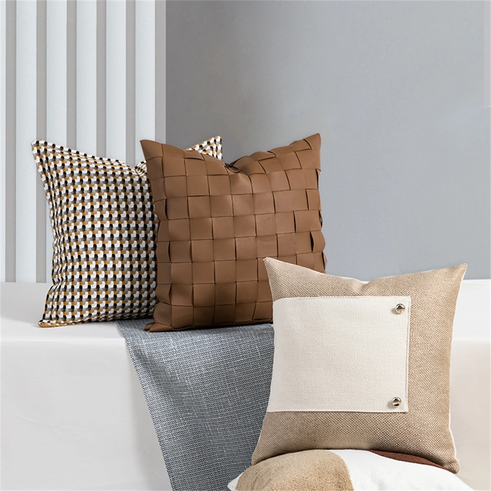 

Luxury Geometric Cushion Cover Nordic Woven Pu Leather Pillow Cover Boho Decorative Pillows for Sofa Home Art 45x45cm Pillowcase