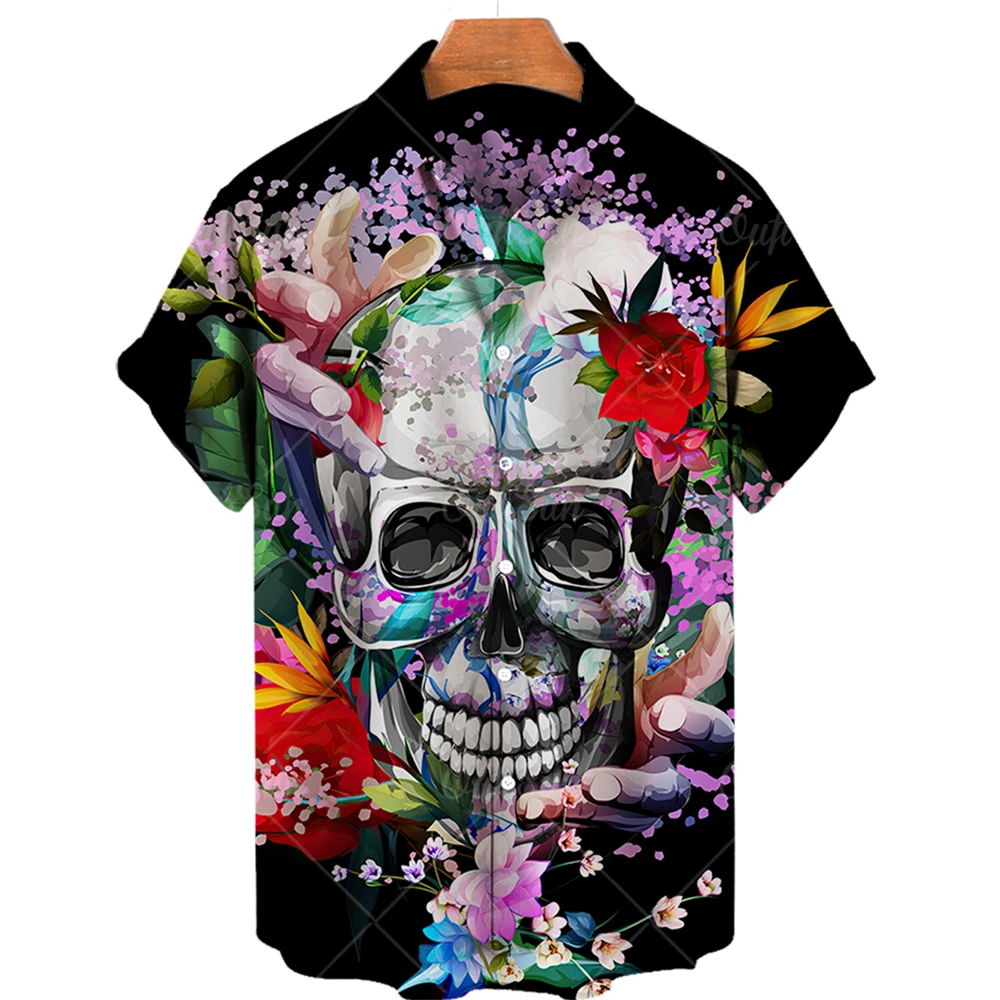 

2022 Men's Clothing 3d Skull Print Short Sleeve Loose Cool Hawaiian Shirt Casual Summer Party Top Beach Shirt 5xl