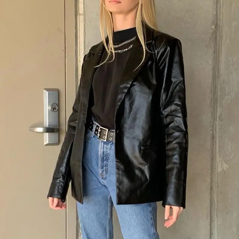 Punk Pu Leather Jacket Women Black Solid Colors Casual Commute Blazers Zipper Button Pocket Coat Female Winter Fashion Outerwear