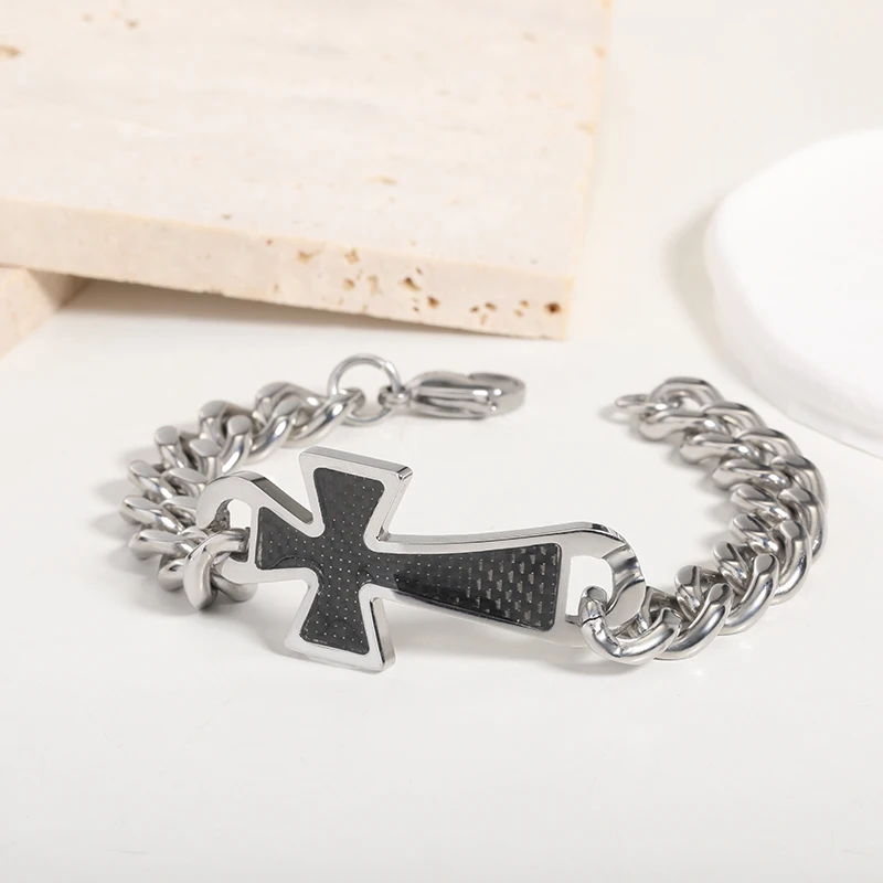 

Punk Heavy Metal Thick Chain Bracelet For Men Gold Cuban Chain Cross Bracelets Stainless Steel Nameplate Bangles Hip Hop Jewelry