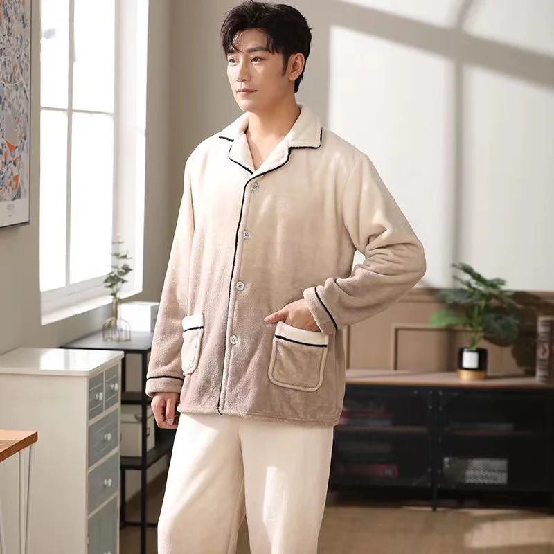Winter Thick Warm Pajamas Sets Men Turn-Down Collar Flannel 2 Piece /Set Coral Velvet Pyjamas Suits Long Sleeve Trousers Lou