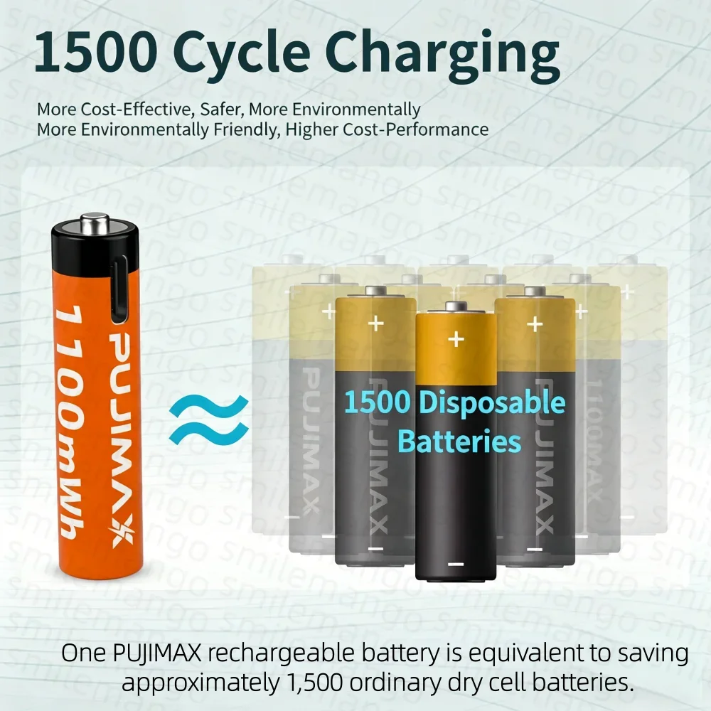 Фото Литиевые аккумуляторы AA&AAA 1.5V, 3400мВтч/1100мВтч, с зарядкой через Type-C, перезаряжаемые до 1500 раз, для будильников №5