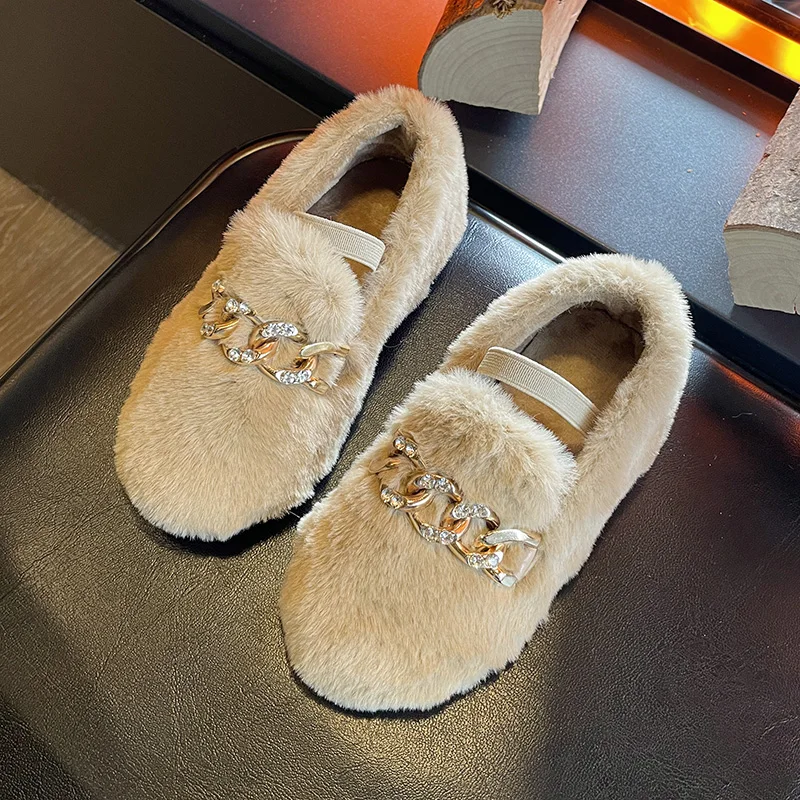 

Girl's Loafers Winter Furry Metal Chain Fluffy Outdoor Children Flat Shoes 21-36 Toddler Slip-on Three Colors Leisure Kids Shoes