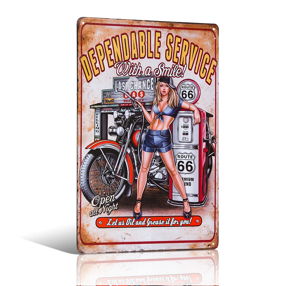 

Dependable Service With A Smile Motorcycle Biker Pin Up Route 66 USA Garage Hot Rod Wall Stickers Decor