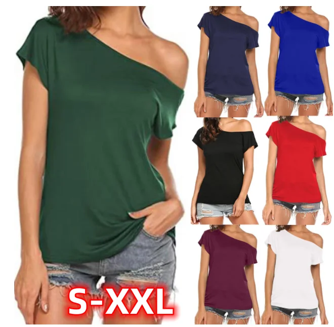 

2022 Women T-shirts Summer Fashion Solid Color One Off Shoulder Tops With Pocket Short Sleeve Female's Basic T-shirt