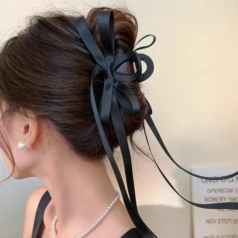 Корейский черный бант Длинная лента заколка для волос головной убор Милая